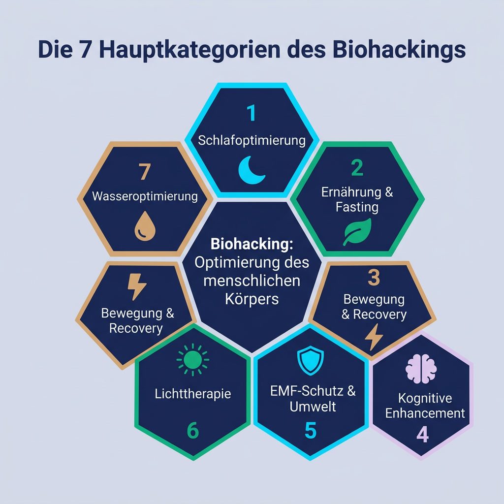 Die 7 Hauptkategorien des Biohackings: Ernährung, Schlaf, Bewegung, Kognition, EMF, Licht, Wasser
