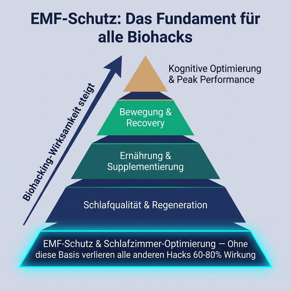EMF-Schutz als Biohacking-Fundament: Pyramide von Basis bis Spitzenleistung