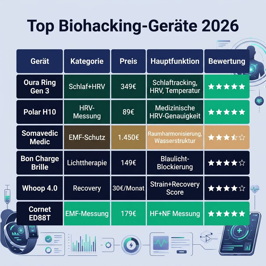 Die besten Biohacking-Geräte 2026 im Vergleich: HRV, Schlaf, Licht, EMF-Schutz