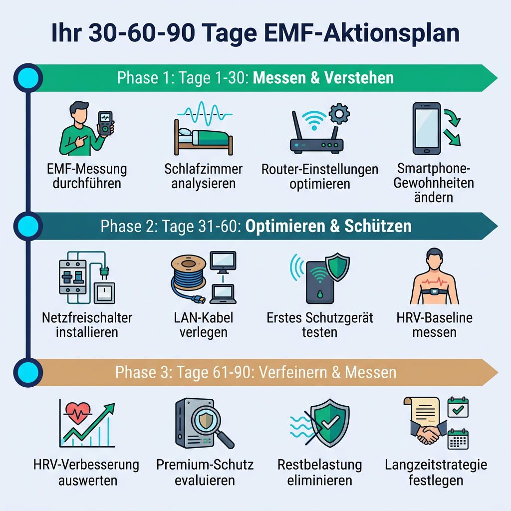 EMF-Schutz 30-60-90 Tage Aktionsplan: Schritt-für-Schritt von Messen bis Optimieren