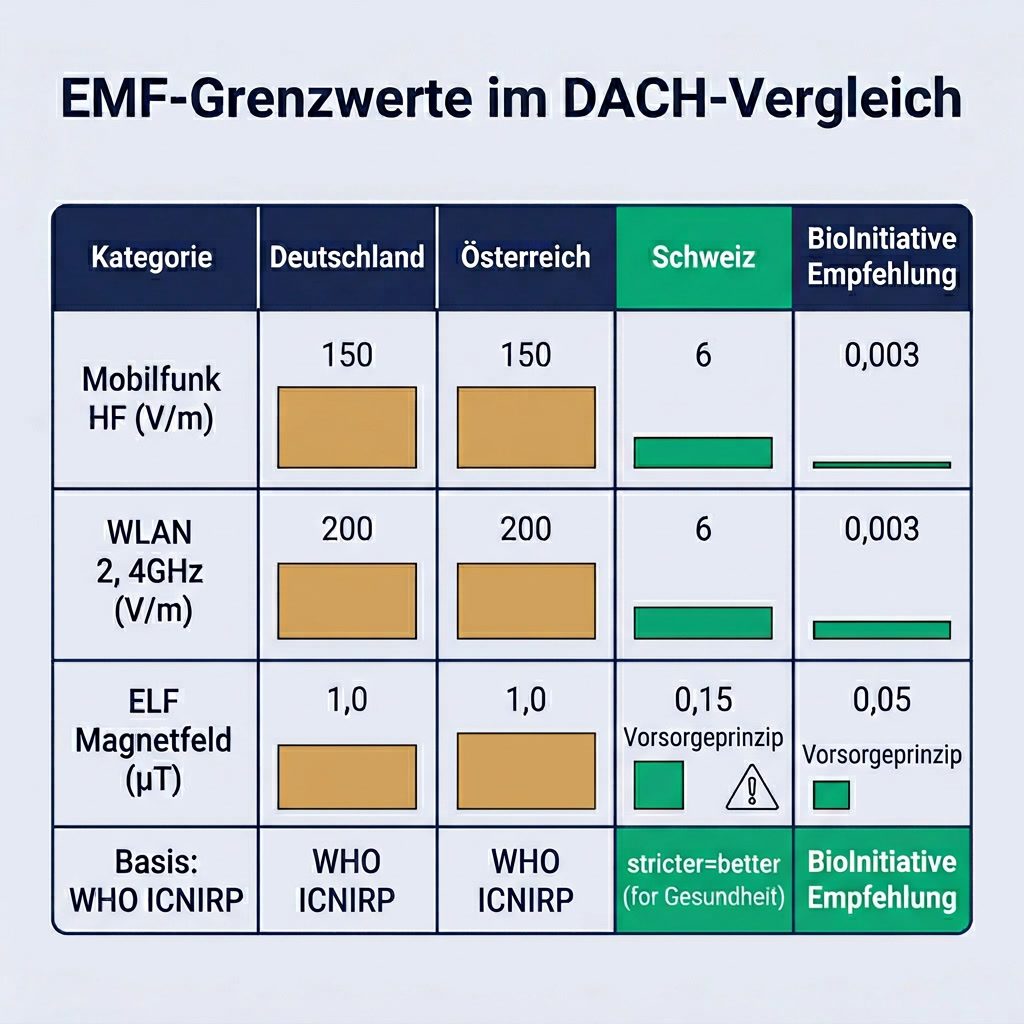 EMF-Grenzwerte Vergleich: Deutschland, Österreich, Schweiz vs. Bioinitiative-Empfehlung