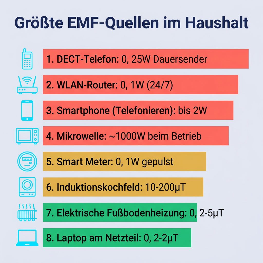 Die größten EMF-Quellen im Haushalt: WLAN, Smartphone, DECT, Smart Meter im Vergleich