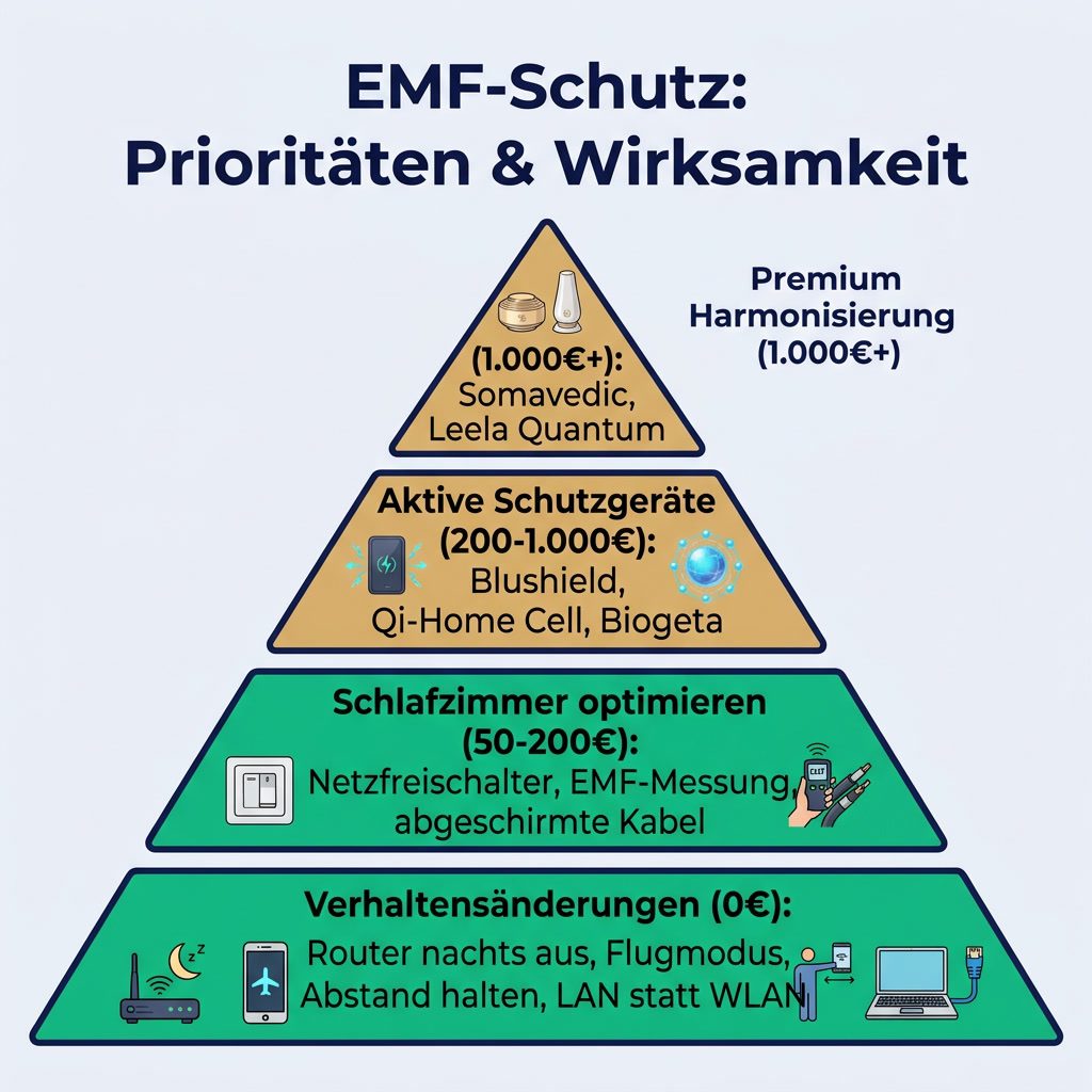 EMF-Schutzmaßnahmen nach Priorität: Verhaltensänderungen, Messgeräte, Abschirmung, Schutzgeräte