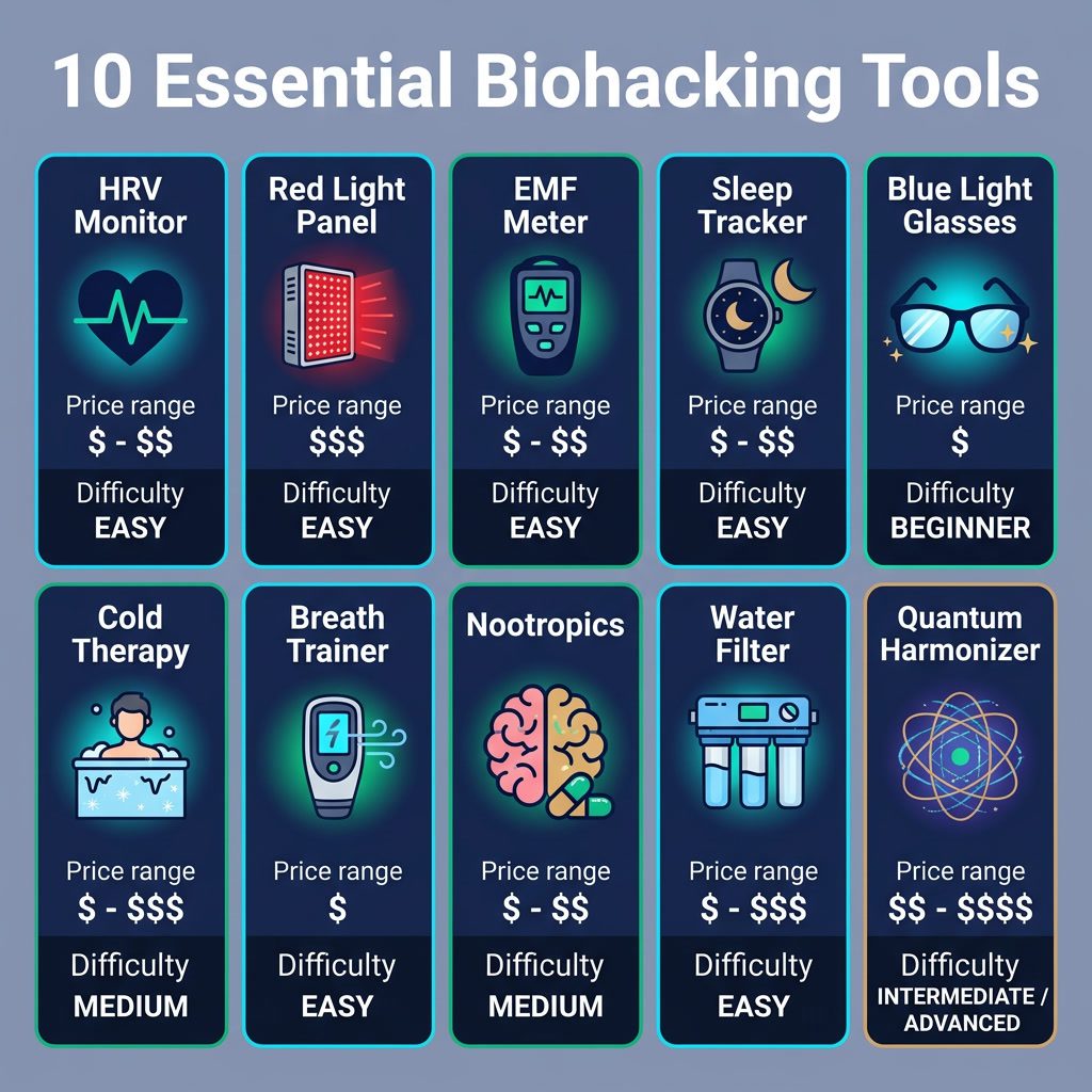 Infographic: '10 Essential Biohacking Tools' grid. 2×5 grid of tool cards. Tools: HRV Monitor, Red Light Panel, EMF Mete
