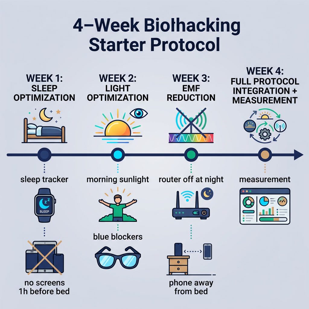 Infographic: '4-Week Biohacking Starter Protocol' horizontal timeline. Week 1: Sleep Optimization (sleep tracker, no scr
