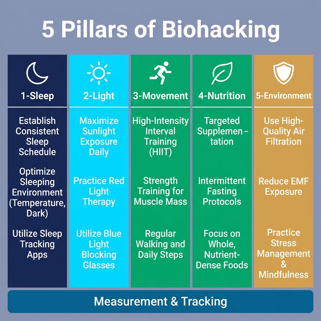 Infographic: '5 Pillars of Biohacking' column layout. Five columns: 1-Sleep (moon icon), 2-Light (sun icon), 3-Movement 