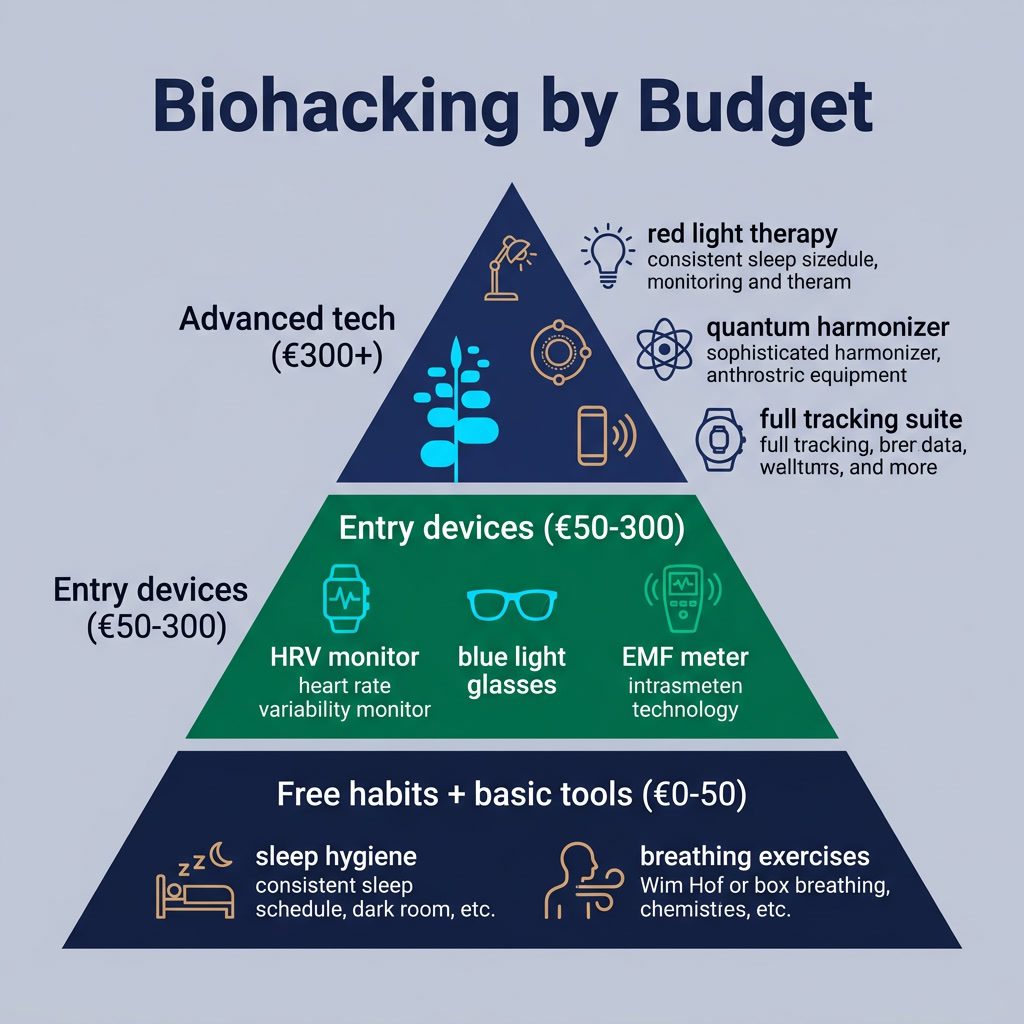 Infographic: 'Biohacking by Budget' three-tier pyramid. Bottom (€0-50): Free habits + basic tools (sleep hygiene, breath