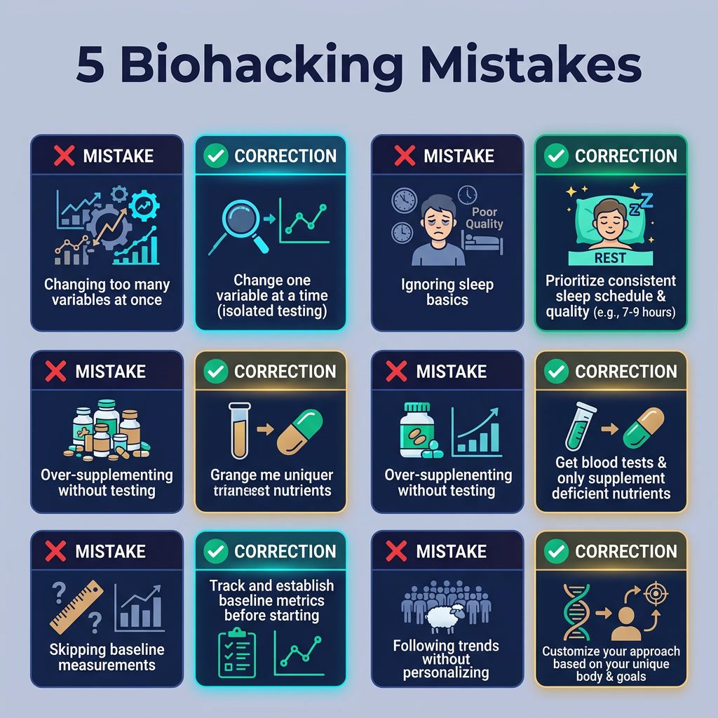 Infographic: '5 Biohacking Mistakes' warning card layout. Red X cards: Changing too many variables at once, Ignoring sle