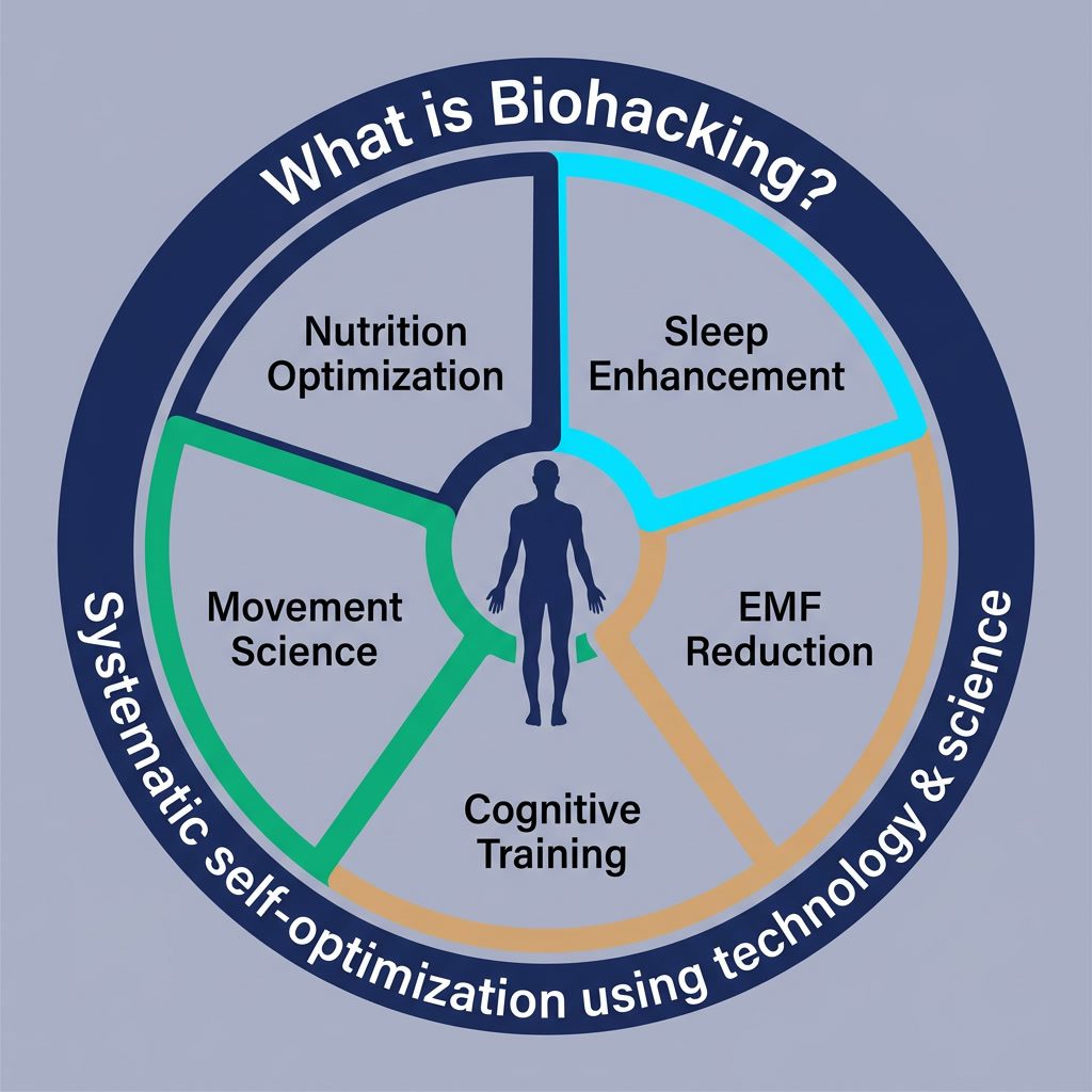 Infographic: 'What is Biohacking?' definition wheel. Center: human body silhouette. 5 spokes: Nutrition Optimization, Sl