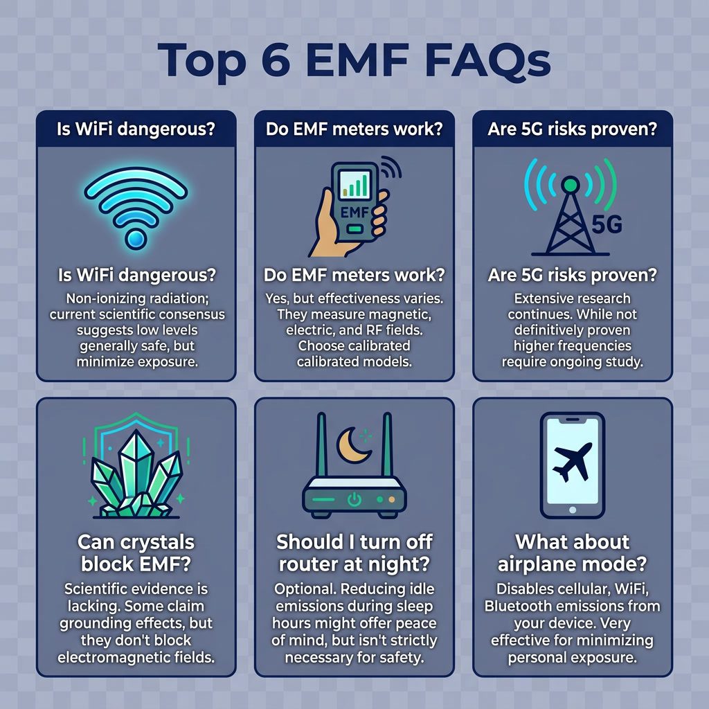 Infographic: 'Top 6 EMF FAQs' card layout. Six question cards arranged in 2×3 grid. Questions: Is WiFi dangerous? Do EMF