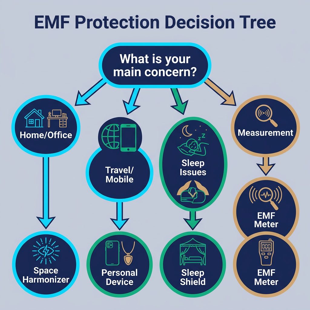 Infographic: 'EMF Protection Decision Tree' flowchart. Starting question: 'What is your main concern?' branching to: Hom