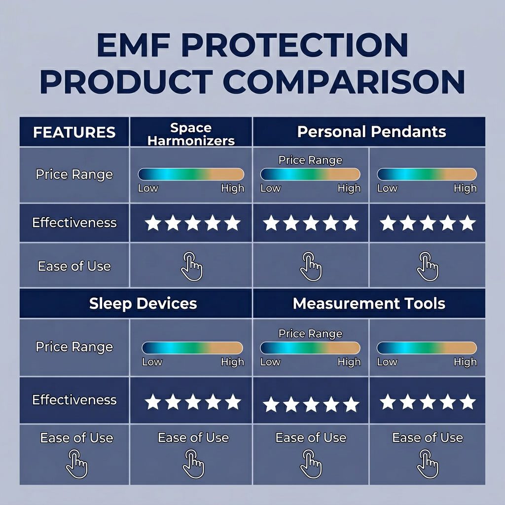 Infographic: 'EMF Protection Product Comparison' grid layout. 4 product categories: Space Harmonizers, Personal Pendants