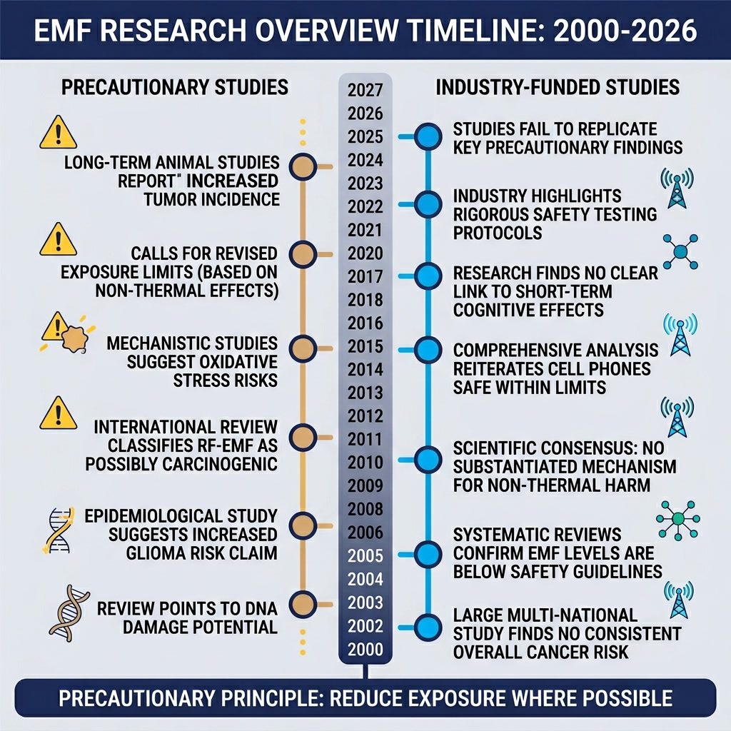 Infographic: 'EMF Research Overview' timeline 2000-2026. Key study milestones shown as nodes on timeline. Left side: 'Pr