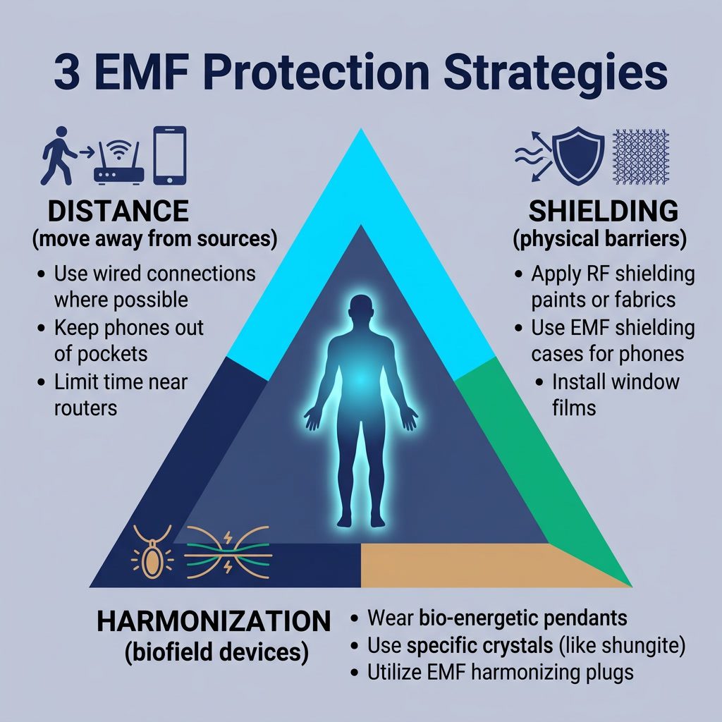 Infographic: '3 EMF Protection Strategies' triangle diagram. Three corners labeled: DISTANCE (move away from sources), S