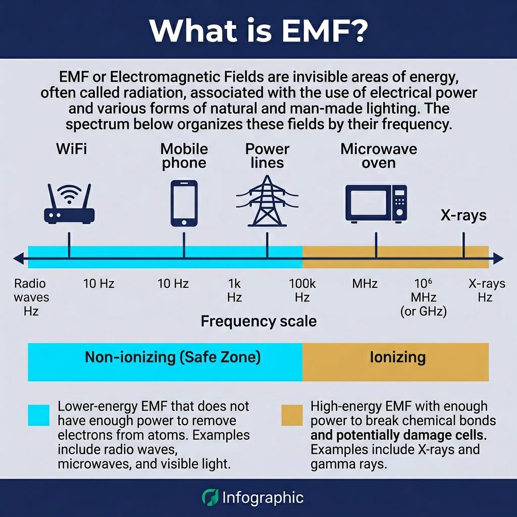 Infographic: 'What is EMF?' explaining electromagnetic field spectrum from radio waves to X-rays. Horizontal frequency s