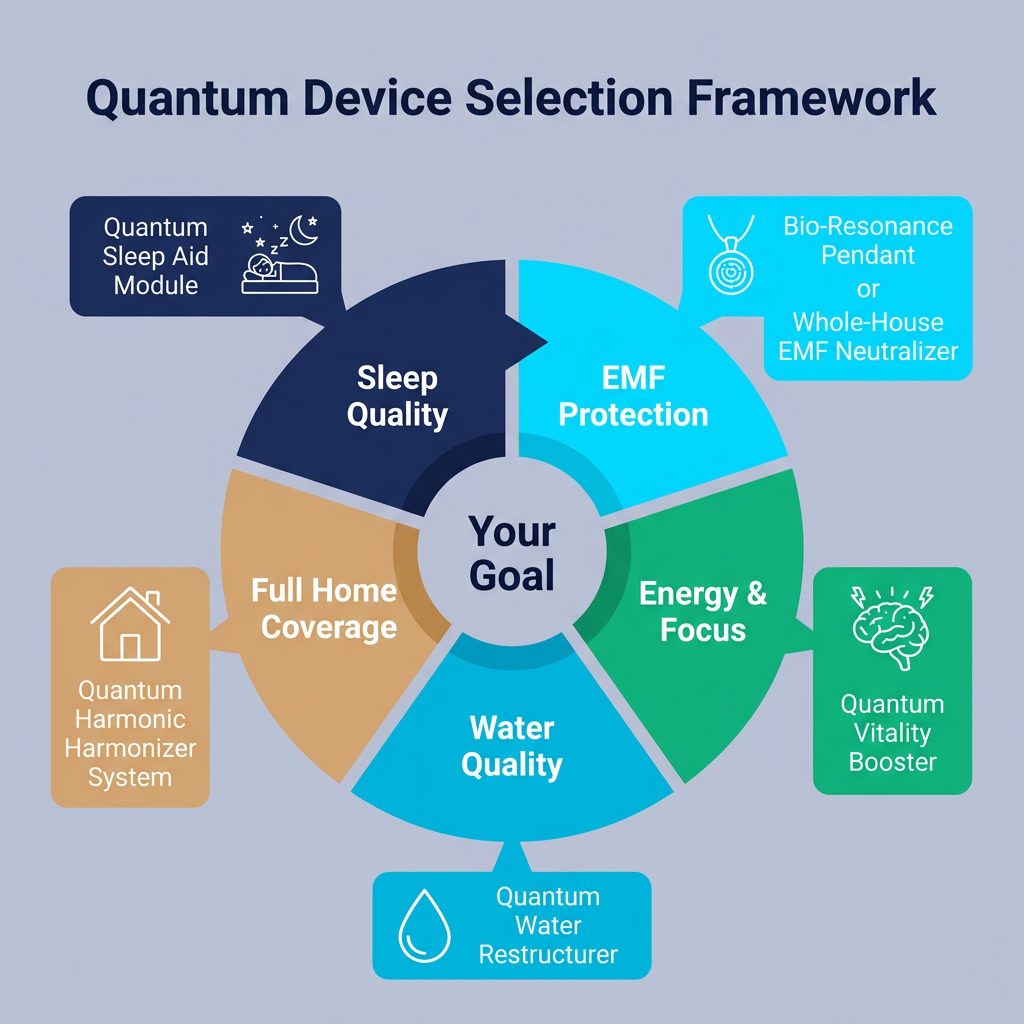 Infographic: 'Quantum Device Selection Framework' decision wheel. Center circle: 'Your Goal'. 5 outer segments: Sleep Qu