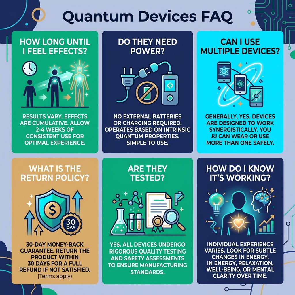 Infographic: 'Quantum Devices FAQ' 6-panel grid. Panels: How long until I feel effects? Do they need power? Can I use mu