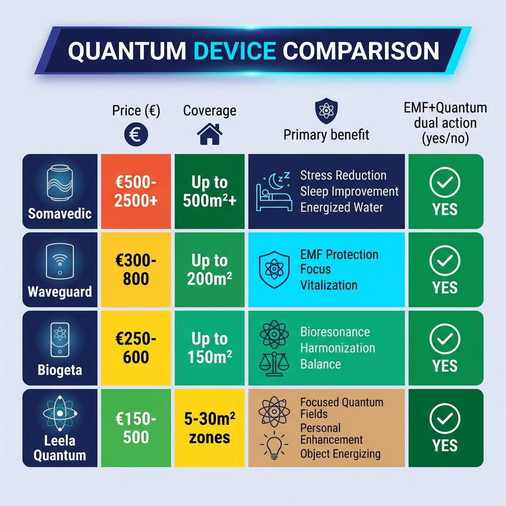 Infographic: 'Quantum Device Comparison' matrix. Rows: Somavedic, Waveguard, Biogeta, Leela Quantum. Columns: Price (€),