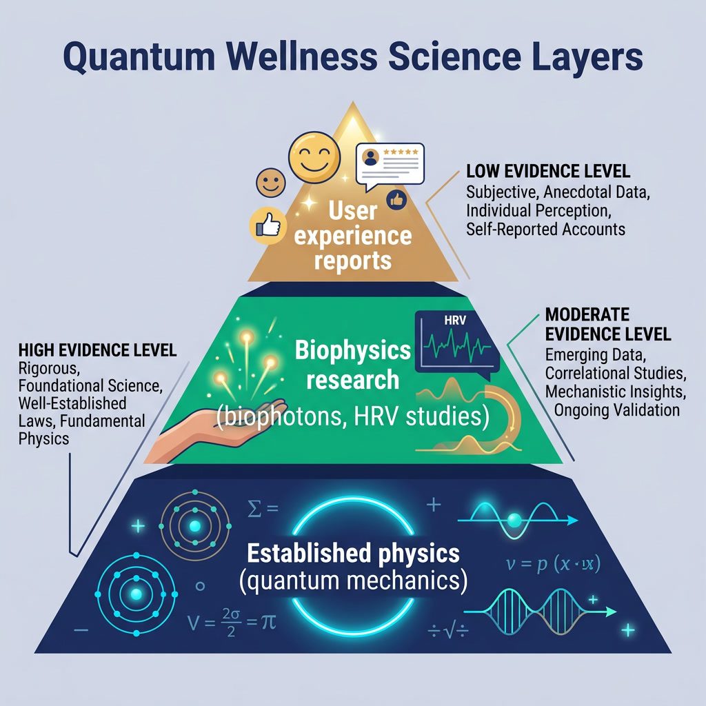 Infographic: 'Quantum Wellness Science Layers' pyramid. Bottom tier: Established physics (quantum mechanics). Middle tie