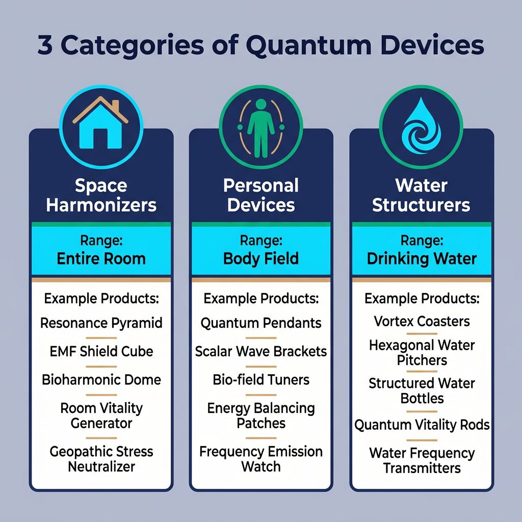 Infographic: '3 Categories of Quantum Devices' horizontal layout. Category 1: Space Harmonizers (house icon, range: enti