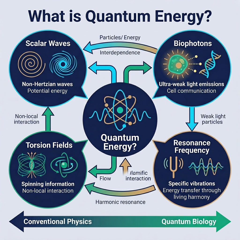 Infographic: 'What is Quantum Energy?' concept diagram. Center: atom/wave duality symbol. Surrounding bubbles: Scalar Wa