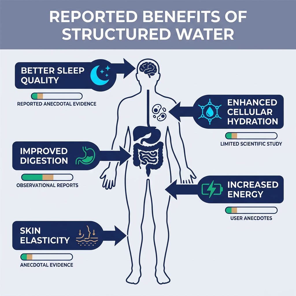 Infographic: 'Reported Benefits of Structured Water' body map. Human silhouette with labeled arrows pointing to body sys