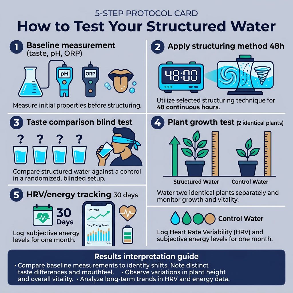 Infographic: 'How to Test Your Structured Water' 5-step protocol card. Steps: 1-Baseline measurement (taste, pH, ORP). 2