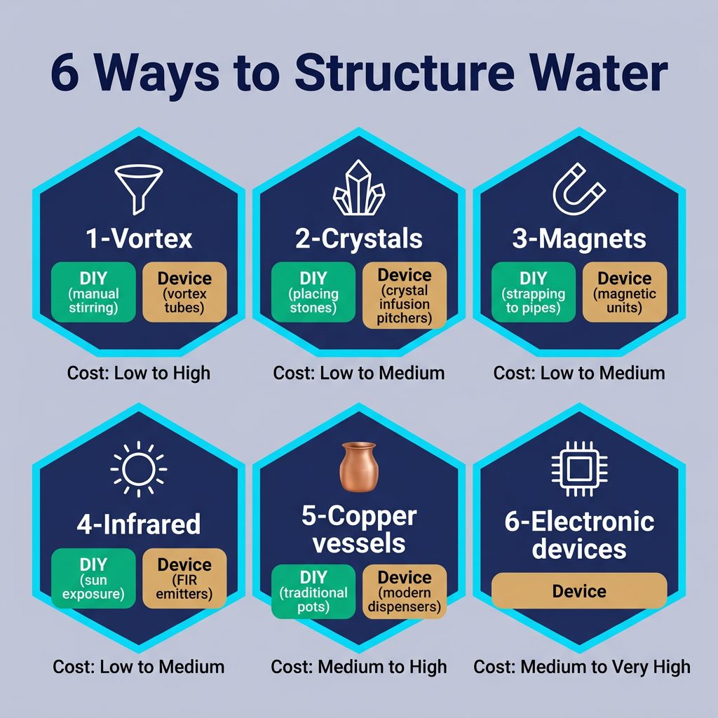 Infographic: '6 Ways to Structure Water' hexagonal grid. Each hexagon: 1-Vortex (funnel icon), 2-Crystals (crystal icon)