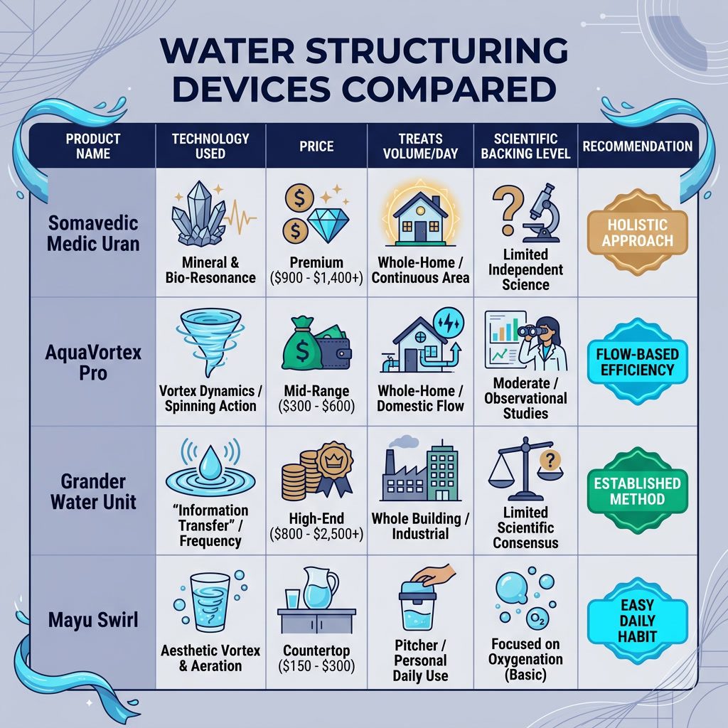 Infographic: 'Water Structuring Devices Compared' comparison table. Products: Somavedic Medic Uran, AquaVortex Pro, Gran