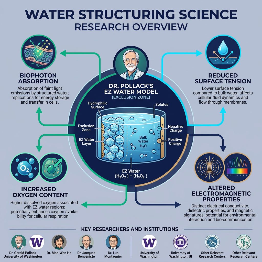 Infographic: 'Water Structuring Science' research overview. Center: Dr. Pollack's EZ Water model (exclusion zone). Four 