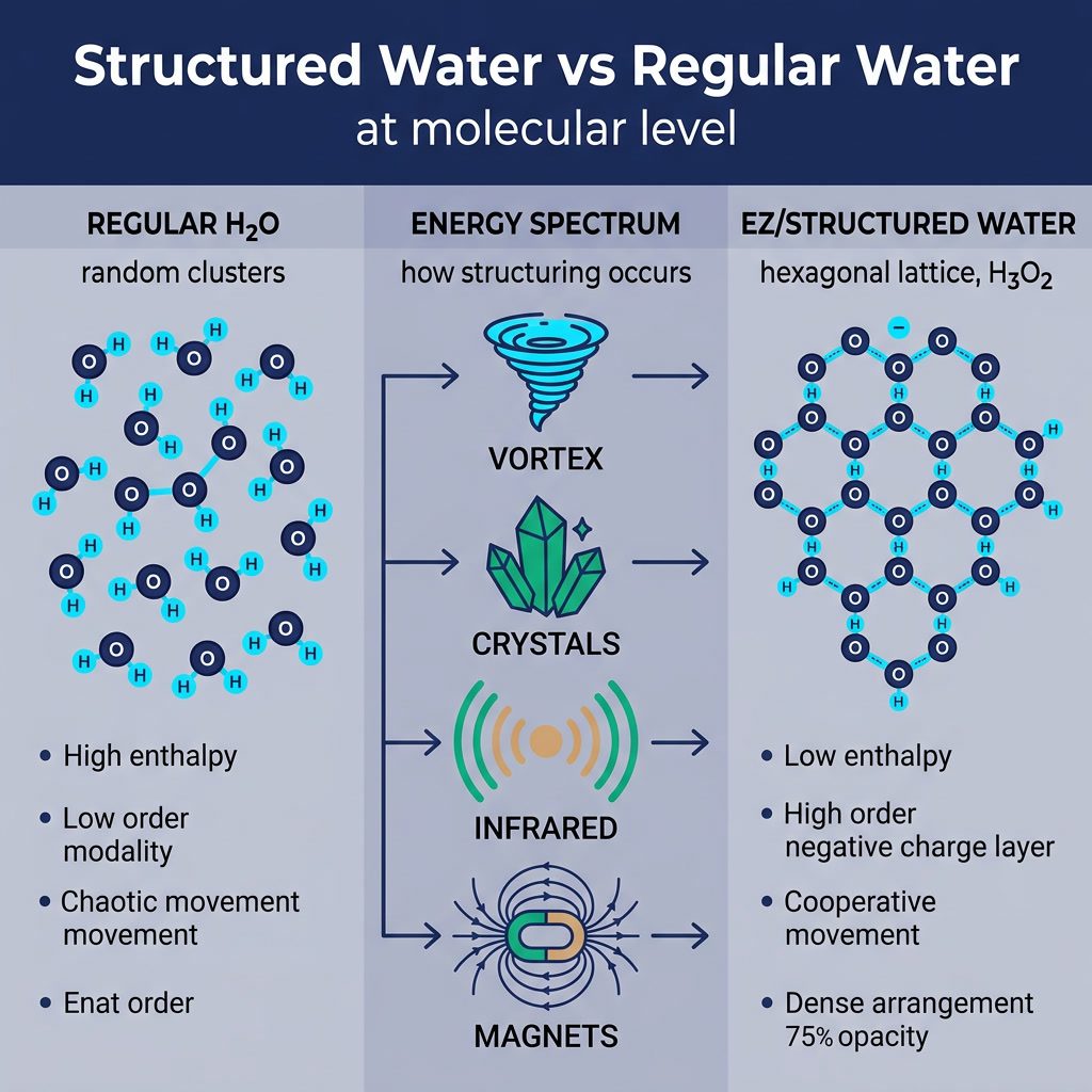 Infographic: 'Structured Water vs Regular Water' molecular comparison. Left: regular H2O (random clusters). Right: EZ/st