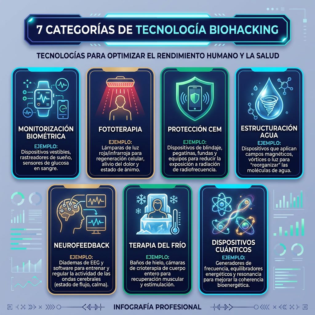 Infografía: '7 Categorías de Tecnología Biohacking' cuadrícula de tarjetas. Categorías: Monitorización biométrica, Fotot