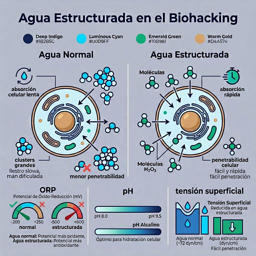 Infografía: 'Agua Estructurada en el Biohacking' comparación de hidratación. Izquierda: agua normal (absorción celular l