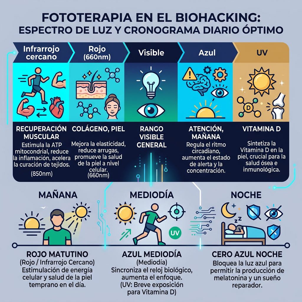 Infografía: 'Fototerapia en el Biohacking' espectro de luz. De izquierda: Infrarrojo cercano (850nm, recuperación muscul