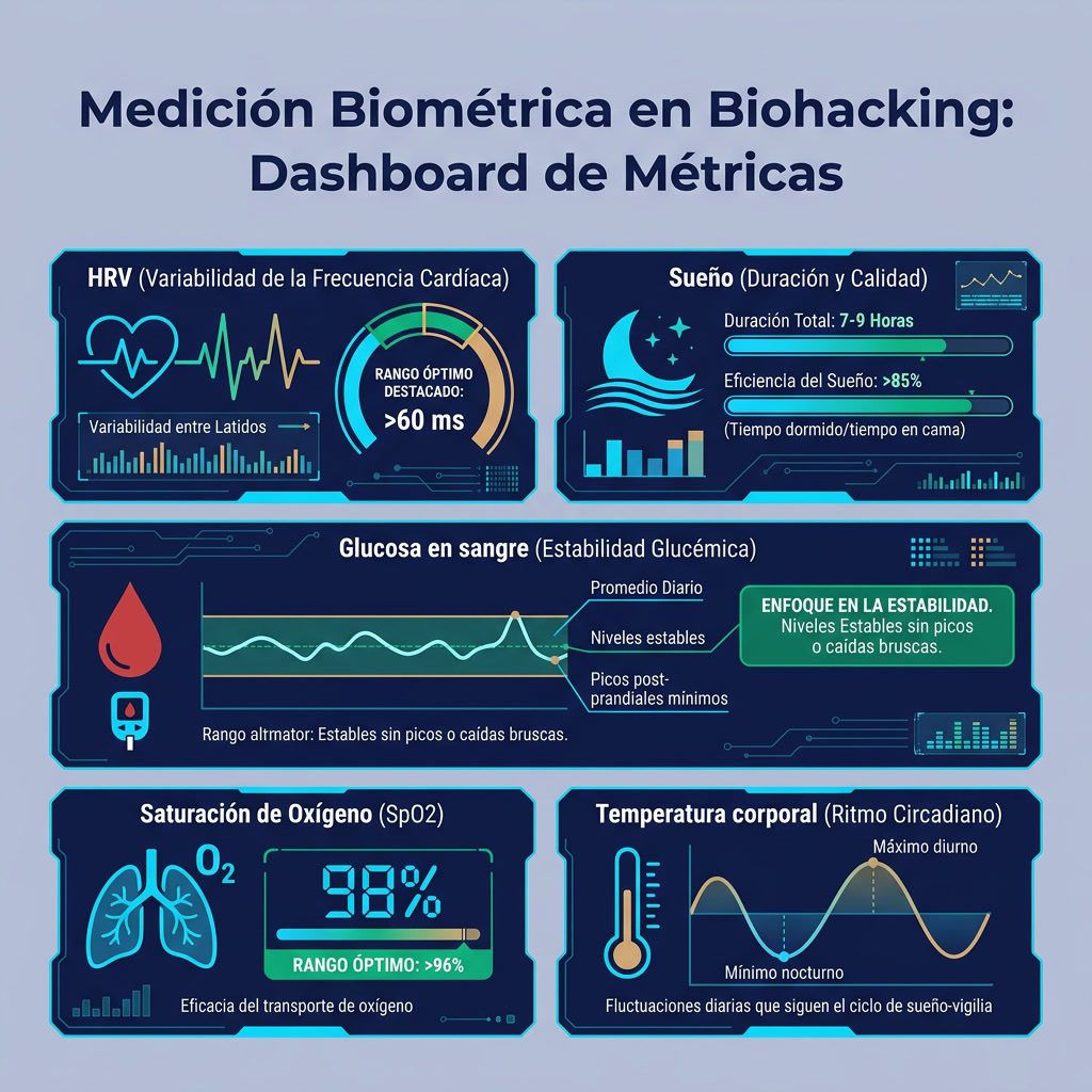 Infografía: 'Medición Biométrica en Biohacking' dashboard de métricas. Paneles: HRV (variabilidad cardíaca, ideal >60ms)» class=»wp-image-21659″ width=»1024″ height=»1024″ /></figure><h3>La Importancia de los Datos</h3><p><img loading=