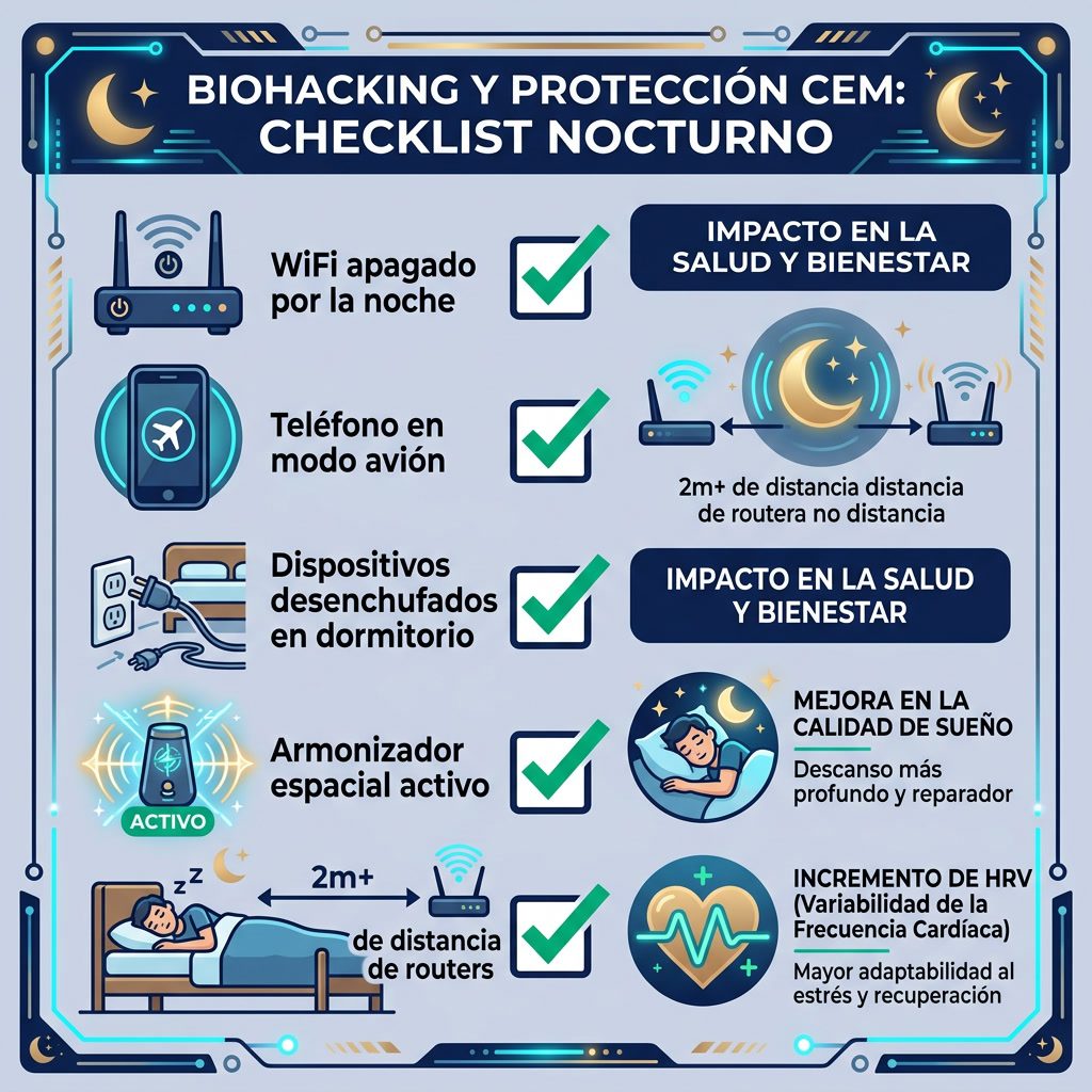 Infografía: 'Biohacking y Protección CEM' checklist nocturno. Lista: WiFi apagado por la noche ✓, Teléfono en modo avión