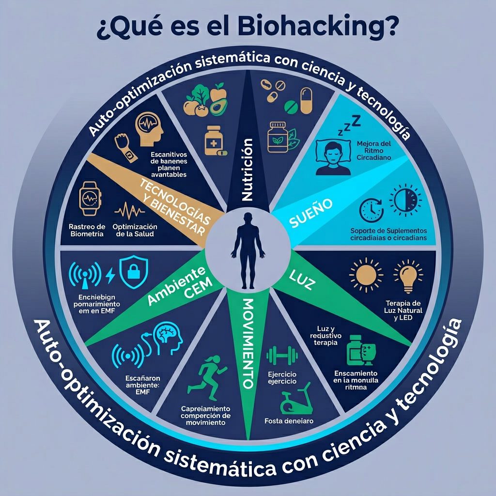 Infografía: '¿Qué es el Biohacking?' rueda de componentes. Centro: silueta humana. 6 rayos: Nutrición, Sueño, Luz, Movim