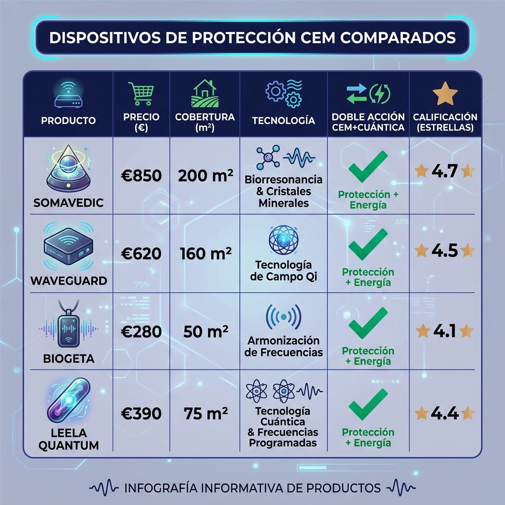Infografía: 'Dispositivos de Protección CEM Comparados' tabla. Productos: Somavedic, Waveguard, Biogeta, Leela Quantum. 