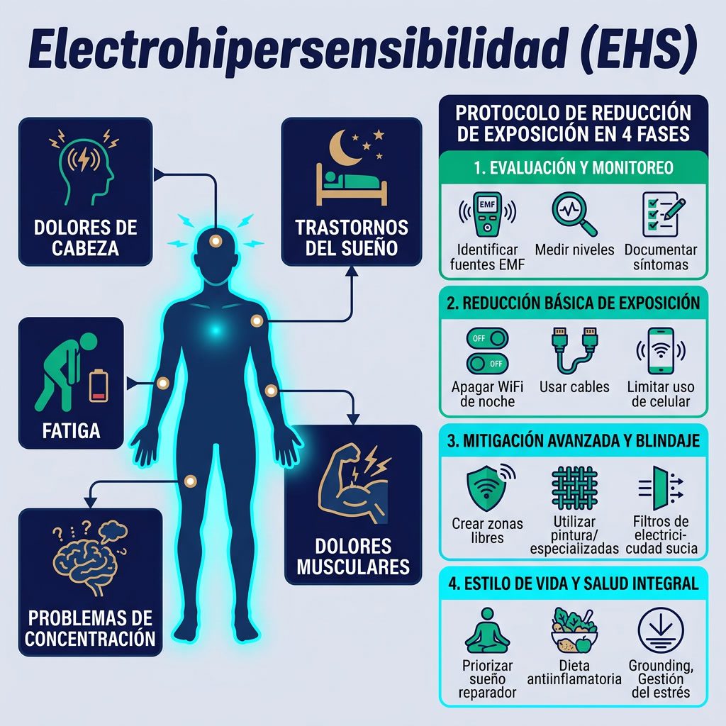 Infografía: 'Electrohipersensibilidad (EHS)' diagrama de síntomas. Centro: silueta humana con síntomas marcados. Síntoma