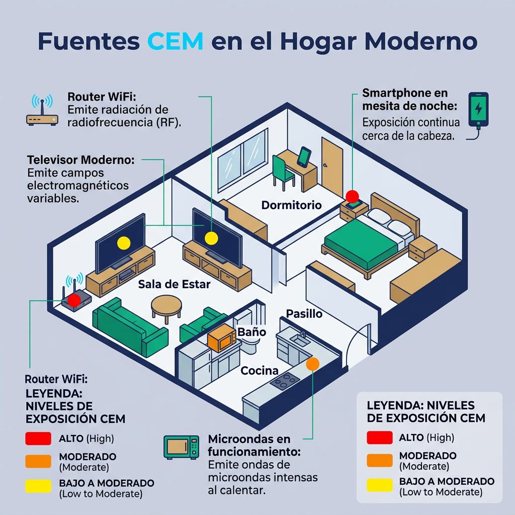 Infografía: 'Fuentes CEM en el Hogar Moderno' plano del apartamento. Habitaciones con puntos de calor CEM: router WiFi (