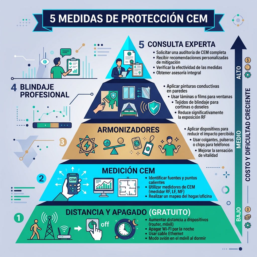 Infografía: '5 Medidas de Protección CEM' pirámide de acciones. Desde abajo: Distancia y apagado (gratuito), Medición CE