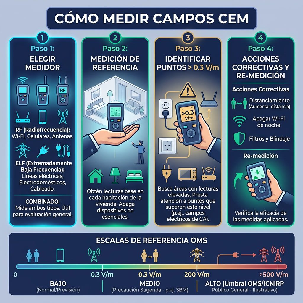 Infografía: 'Cómo Medir Campos CEM' guía 4 pasos. Paso 1: Elegir medidor (RF vs ELF vs combinado). Paso 2: Medición de r