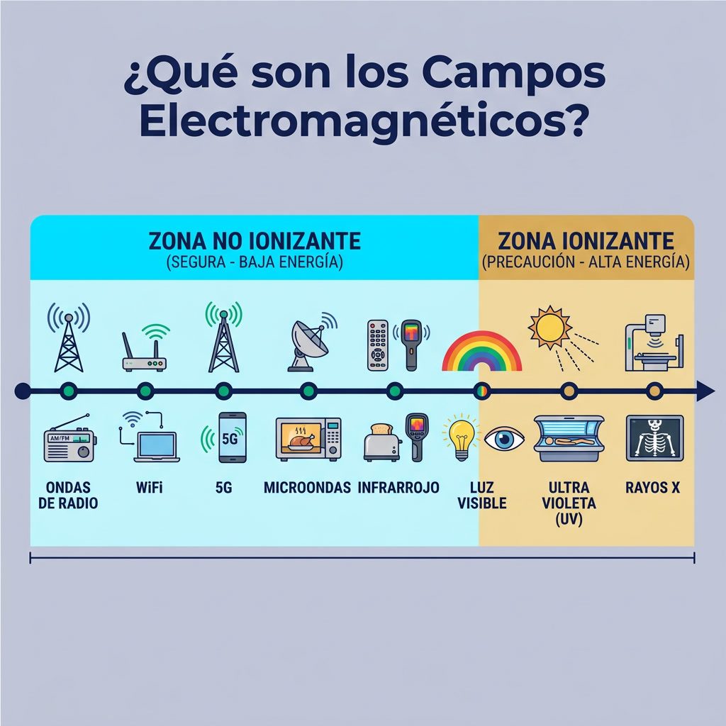 Infografía: '¿Qué son los Campos Electromagnéticos?' espectro horizontal. De izquierda: ondas de radio, WiFi, 5G, microo