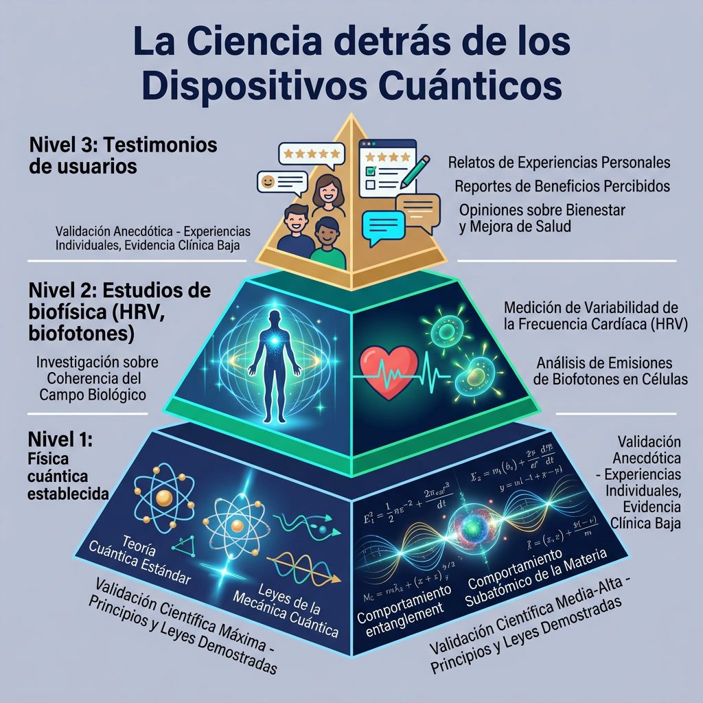 Infografía: 'La Ciencia detrás de los Dispositivos Cuánticos' pirámide de evidencias. Nivel 1: Física cuántica estableci