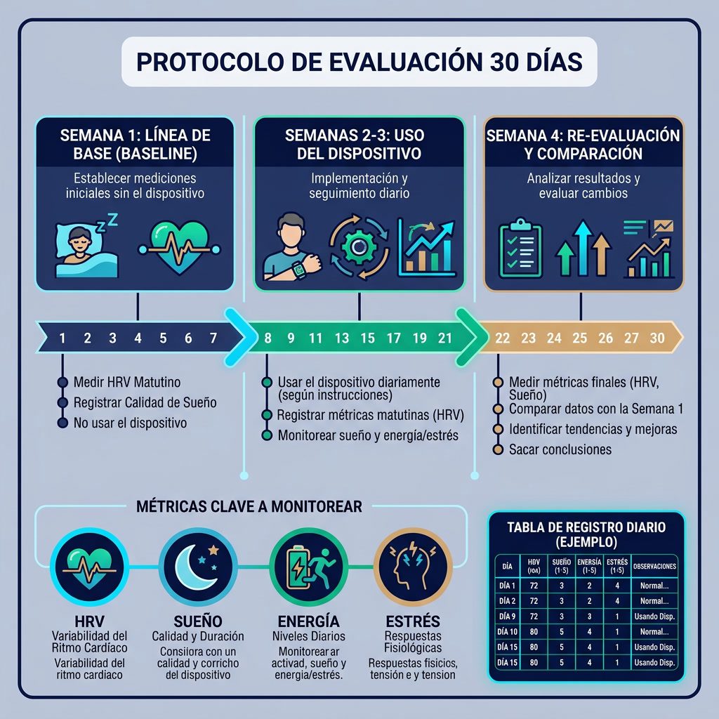 Infografía: 'Protocolo de Evaluación 30 Días' timeline. Semana 1: Baseline HRV y calidad de sueño. Semana 2-3: Uso del d