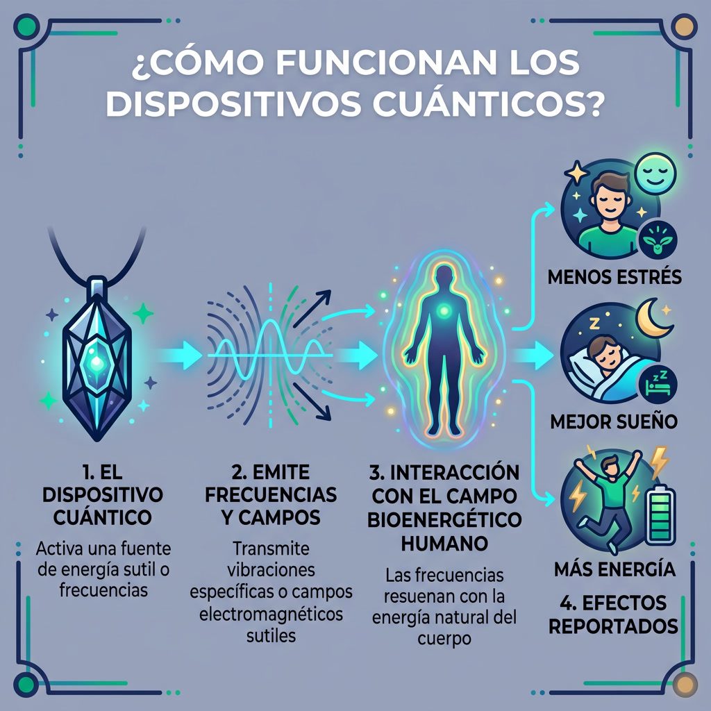 Infografía: '¿Cómo Funcionan los Dispositivos Cuánticos?' diagrama de flujo. Dispositivo → emite frecuencias/campos → in