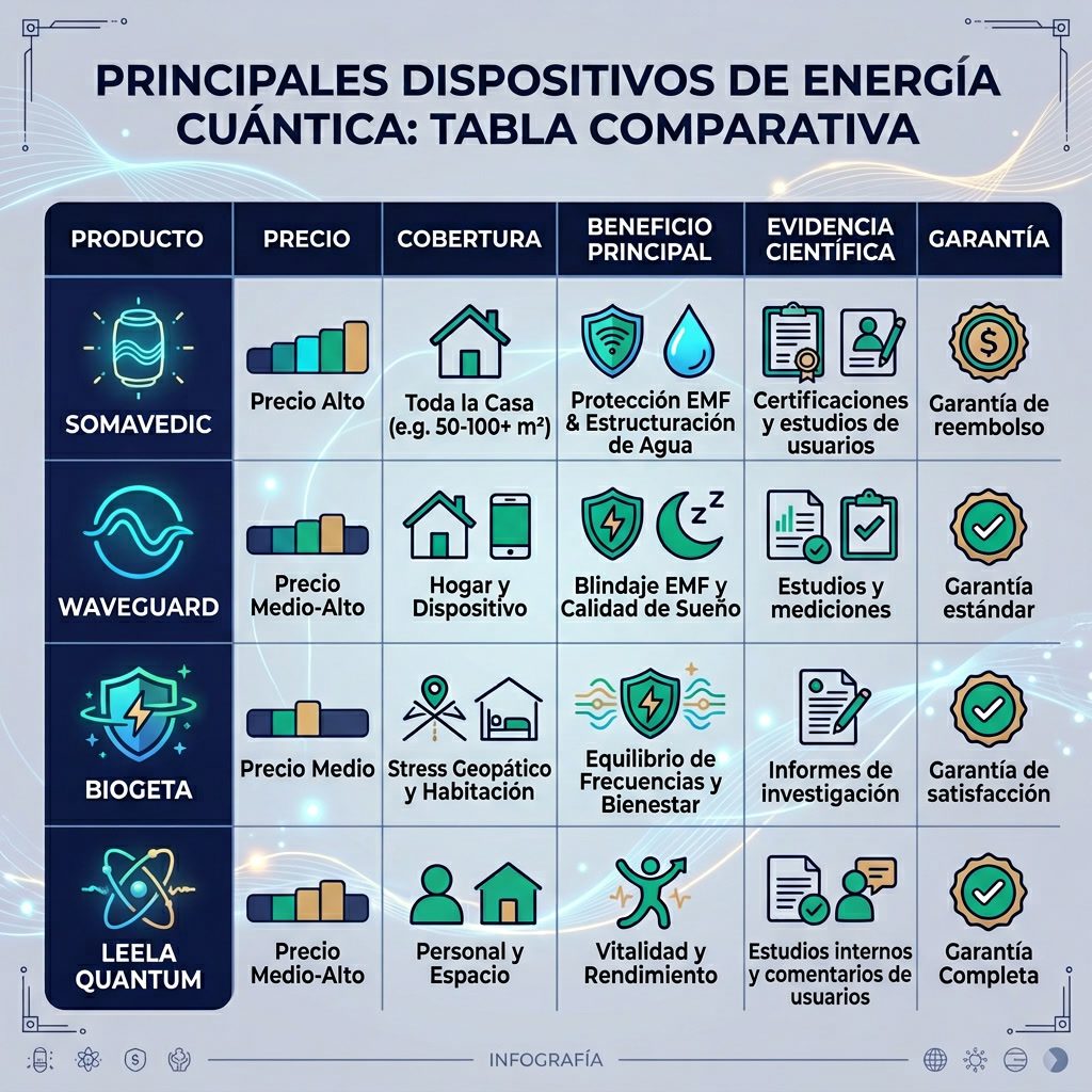 Infografía: 'Principales Dispositivos de Energía Cuántica' tabla comparativa. Productos: Somavedic, Waveguard, Biogeta,