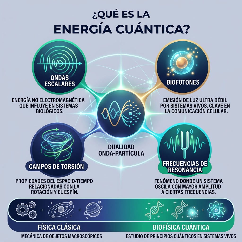Infografía: '¿Qué es la Energía Cuántica?' mapa conceptual. Centro: símbolo onda-partícula. Burbujas: Ondas Escalares, B