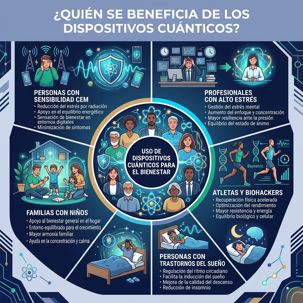 Infografía: '¿Quién se Beneficia de los Dispositivos Cuánticos?' rueda de perfiles. Centro: personas diversas. 5 segment