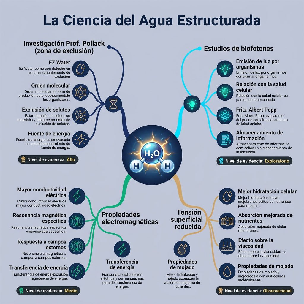 Infografía: 'La Ciencia del Agua Estructurada' mapa mental. Centro: molécula H2O. Ramas: Investigación Prof. Pollack (zo